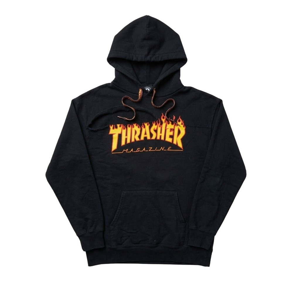 Thrasher Flame Logo Hoodie Black Custom DIY Slit‎ Skater Grunge Sweatshirt Small